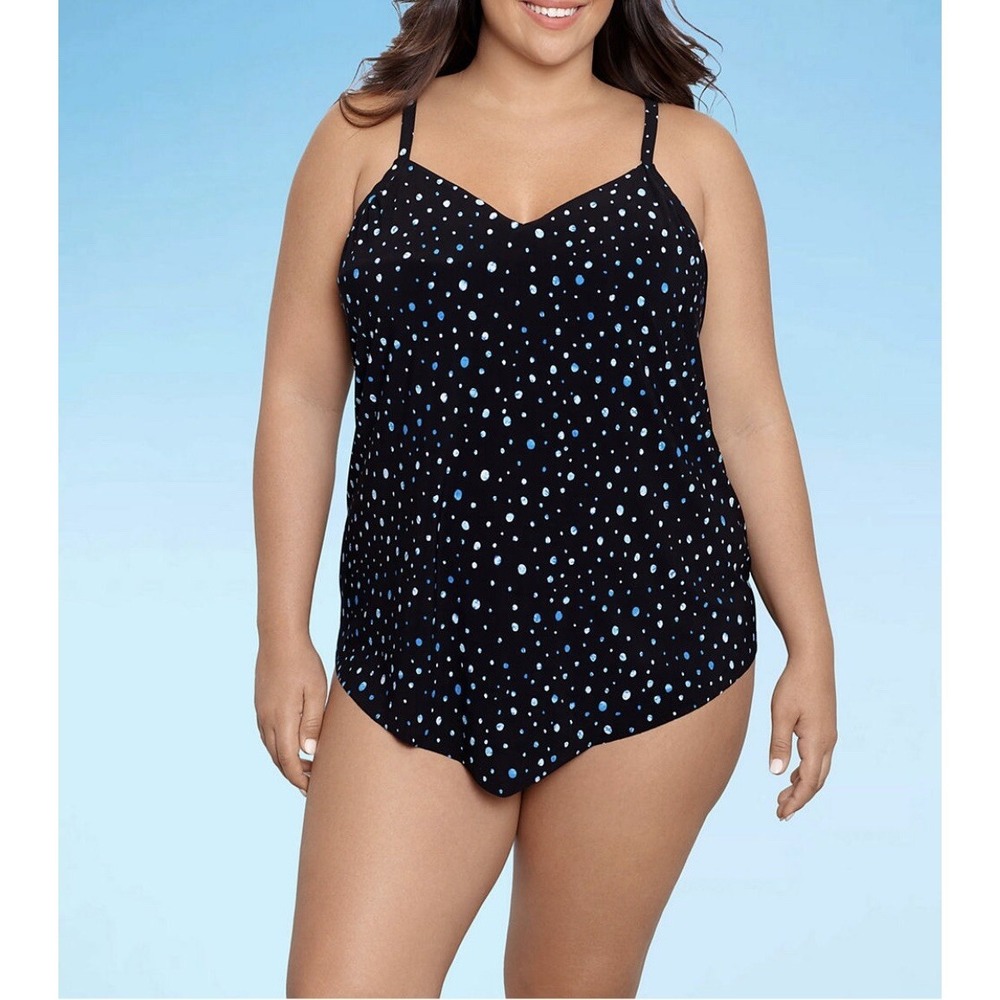 women's size 22w trimshaper Black polkadot‎ tankini top adjustable straps